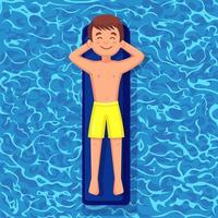 Smile man swims, tanning on air mattress in swimming pool. Character floating on toy isolated on water background. Inflatable circle. Summer holiday, vacation, travel time. Vector flat illustration