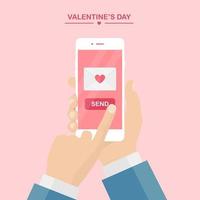 Valentine's day illustration. Send or receive love sms, letter, email with mobile phone. Human hand hold cellphone isolated on pink background. Envelope with red heart. Flat design, vector icon.