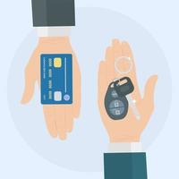 Buy or rent a car. Human hand holds auto key and credit card