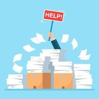 Pile of paper, document stack with carton, cardboard box. Stressed employee in heap of paperwork. Busy businessman with help sign. Bureaucracy concept. Vector cartoon design
