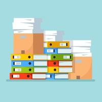 Pile of paper, document stack with carton, cardboard box, folder. Paperwork. Bureaucracy concept. Vector cartoon design