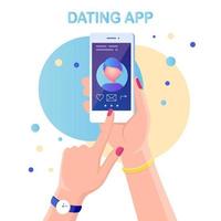 Hand hold mobile phone with dating app profile on display. Application for find love. Site for search couple. Vector flat design