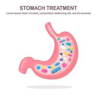 Stomach treatment. Pills, medicine, drugs and internal organ. Digestive system, tract. Painkiller, tablet, vitamine, pharmaceutical antibiotics. Medical background. Vector cartoon design