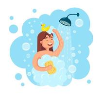 Happy woman taking shower with rubber duck in bathroom. Wash head, hair, body, skin with shampoo, soap, sponge. Hygiene, everyday routine. Vector flat cartoon design