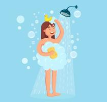 Happy woman taking shower with rubber duck in bathroom. Wash head, hair, body, skin with shampoo, soap, sponge. Hygiene, everyday routine. Vector flat cartoon design