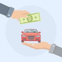 Hands hold money and car. Buying auto or idea of avtomobile service. vector