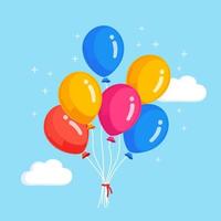 montón de globos de helio, bolas de aire volando en el cielo con nubes. feliz cumpleaños, concepto de vacaciones. decoración de fiesta diseño de dibujos animados de vectores