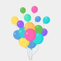 montón de globos de helio, bolas de aire volando en el cielo. feliz cumpleaños, concepto de vacaciones. decoración de fiesta diseño de dibujos animados de vectores
