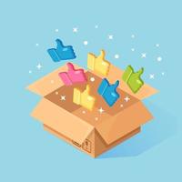 Opened cardboard, carton box with thumbs up isolated on background. 3d isometric package, gift, surprise with confetti. Testimonials, feedback, customer review concept. Vector cartoon design