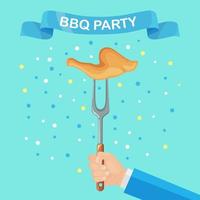 Grill hot chicken ham with fork in hand isolated on background. Fried meat. Barbecue icon. BBQ picnic, family party. Cookout event concept. Vector illustration. Flat style design