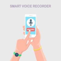 Speech voice recorder. Hand hold mobile phone with microphone sign isolated on background. Media equipment. Man records sound. Vector flat design