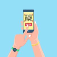 Scan QR code to phone. Mobile barcode reader, scanner in hand. Electronic digital payment with smartphone. Vector flat design