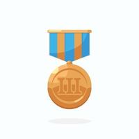 Bronze medal with blue ribbon for third place. Trophy, winner award isolated on white background. Badge icon. Sport, business achievement, victory concept. Vector flat design