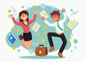 Happy business people jumping for joy. Smiling man and woman in suit isolated on background. Employee celebrate success, victory, good work. Vector illustration. Flat design