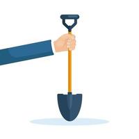 Hand hold shovel, spade isolated on background. Garden tools, digging element, equipment for farm. Spring work. Vector cartoon flat design
