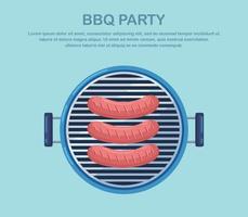 Portable round barbecue with grill hot sausage isolated on background. BBQ device for picnic, family party. Bratwurst. Barbeque icon. Cookout event concept. Vector illustration. Flat style design