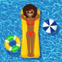 Smile girl swims, tanning on air mattress in swimming pool. Woman floating on toy isolated on water background. Inflatable circle. Summer holiday, vacation, travel time. Vector flat illustration