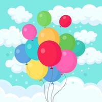 montón de globos de helio, bolas de aire volando en el cielo. feliz cumpleaños, concepto de vacaciones. decoración de fiesta diseño de dibujos animados de vectores