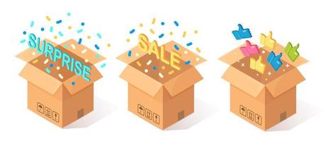 Set of opened cardboard, carton box with thumbs up isolated on blue background. 3d isometric package, gift, surprise with confetti. Testimonials, feedback, customer review, sale concept. Vector design