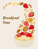Porridge oats in bowl with bananas, berries, strawberry, nuts and cereals isolated on white background. Healthy breakfast
