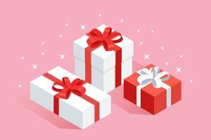 3d isometric gift box, present with ribbon, bow isolated on background. Christmas shopping concept. Surprise for anniversary, birthday, wedding. Vector cartoon design