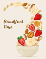 Porridge oats in bowl with bananas, berries, strawberry, nuts and cereals isolated on white background. Healthy breakfast vector