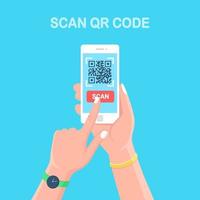 Scan QR code to phone. Mobile barcode reader, scanner in hand. Electronic digital payment with smartphone. Vector flat design