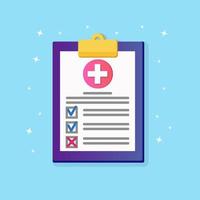 Health insurance document with cross sign, medical agreement isolated on background. Clinic diagnostic report on patient health. Hospital note, form for check up. Notepad with paper Vector flat design