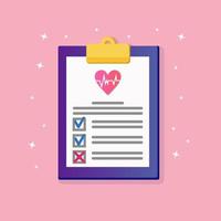 Health insurance document with red heart, medical agreement isolated on background. Clinic diagnostic report on patient health. Hospital note, form for check up. Notepad with paper. Vector flat design