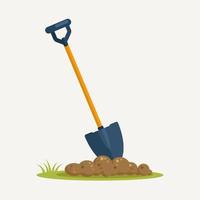 Shovel in dirt, spade with soil landscaping isolated on background. Garden tools, digging element, equipment for farm. Spring work. Vector cartoon flat design