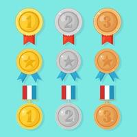 Gold, silver, bronze medal for first place. Trophy, award for winner  isolated on blue background. Set of golden badge with ribbon. Achievement, victory. Vector cartoon illustration Flat design