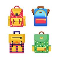 School backpack set. Kids rucksack, knapsack isolated on white background. Bag with supplies, ruler, pencil, paper. Pupil satchel. Children education, back to school concept. Vector flat illustration
