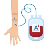 bolsa de sangre con gota roja y mano voluntaria aislada en fondo blanco. donación, transfusión en concepto de laboratorio de medicina. salvar la vida del paciente. diseño plano vectorial vector
