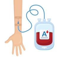 Blood bag with red drop and volunteer hand isolated on white background. Donation, transfusion in medicine laboratory concept. Save patient life. Vector flat design