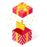 Opened gift box with thumbs up isolated on white background. 3d isometric package, surprise with confetti. Testimonials, feedback, customer review concept. Vector cartoon design