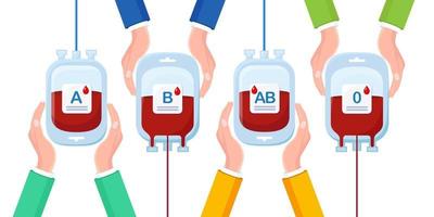 Blood bag with red drop in hands isolated on white background. Donation, transfusion in medicine laboratory concept. Save patient life. Vector flat design