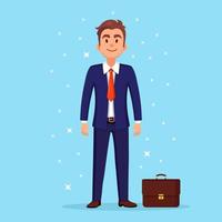 hombre de negocios con maletín, estuche. personaje gerente, empresario en traje vector