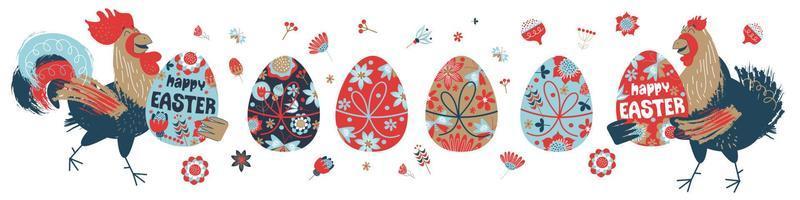 happy Easter. Colorful Easter banner with spring flowers and a cheerful rooster and a chicken with Easter eggs. vector