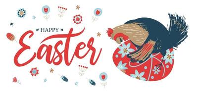 happy Easter. Colorful Easter banner with spring flowers and a cheerful chicken with an Easter egg. vector