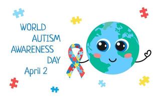 World Autism Awareness Day. Cute Earth planet holds awareness ribbon with puzzles. Vector poster, banner. April 2 Autism day text. Vector flat illustration