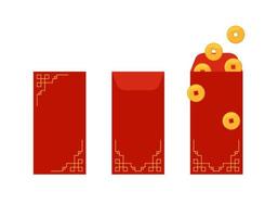 juego de sobres rojos hongbao. colección vectorial de regalos festivos chinos aislados. sobre tradicional con monedas, dinero para el año nuevo chino, cumpleaños, bodas y otras festividades. ilustración plana vector