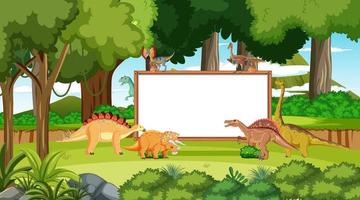 Nature scene with trees on mountains with sign board and dinosaur vector