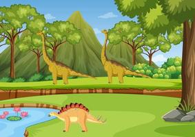 Nature scene with trees on mountains with dinosaur vector