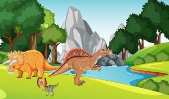 Many dinosaurs by the river vector