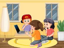 Happy kids playing computer at home vector