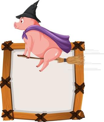 Isolated wooden banner with witch pig riding bloom