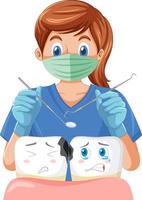 Dentist holding instruments and examining teeth decay on white background vector