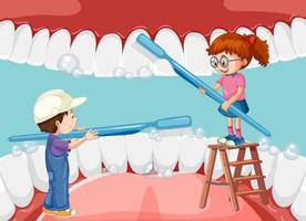 niños felices cepillando dientes blanqueados con un cepillo de dientes dentro de la boca humana vector