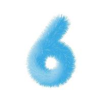 Furry number 6 font vector. Easy editable digit. Soft and realistic feathers. Number 6 with blue fluffy hair isolated on white background.