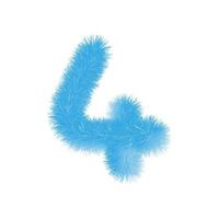 Furry number 4 font vector. Easy editable digit. Soft and realistic feathers. Number 4 with blue fluffy hair isolated on white background. vector